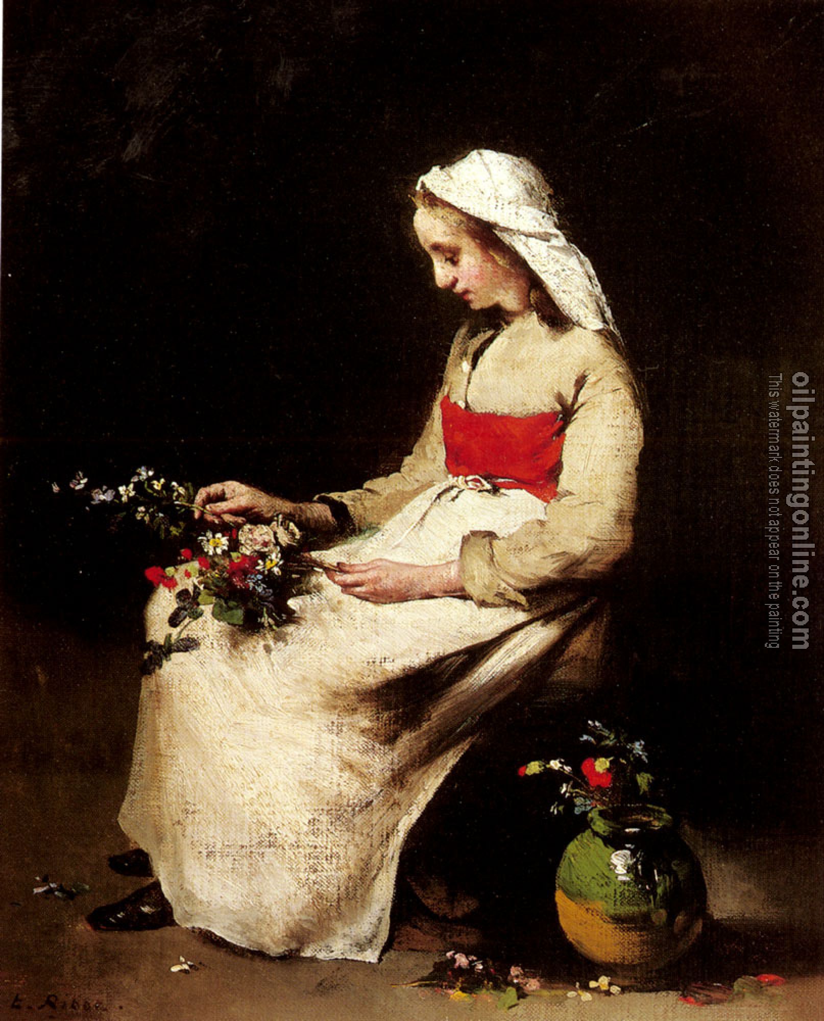 Theodule-Augustin Ribot - A Girl Arranging A Vase Of Flowers